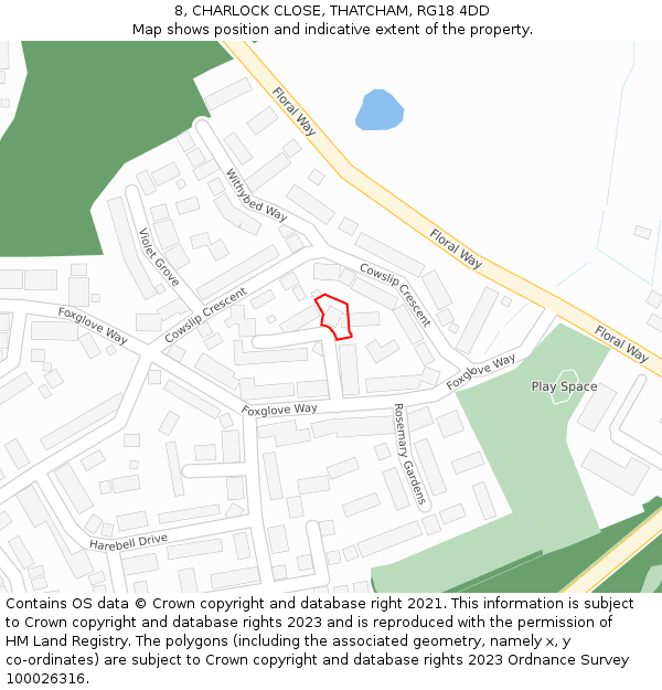 8, CHARLOCK CLOSE, THATCHAM, RG18 4DD: Location map and indicative extent of plot