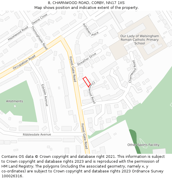 8, CHARNWOOD ROAD, CORBY, NN17 1XS: Location map and indicative extent of plot