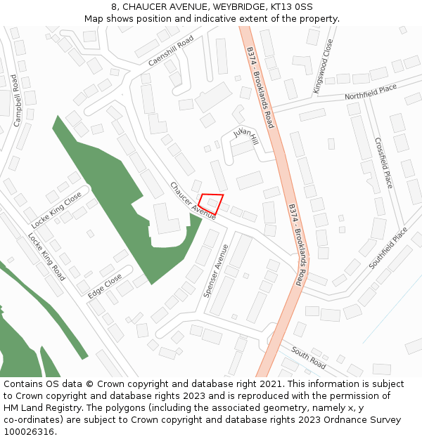 8, CHAUCER AVENUE, WEYBRIDGE, KT13 0SS: Location map and indicative extent of plot