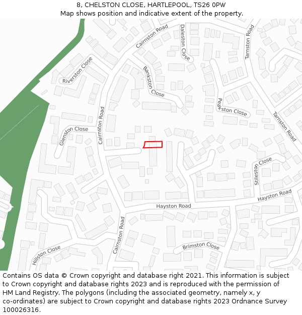 8, CHELSTON CLOSE, HARTLEPOOL, TS26 0PW: Location map and indicative extent of plot