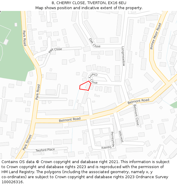 8, CHERRY CLOSE, TIVERTON, EX16 6EU: Location map and indicative extent of plot