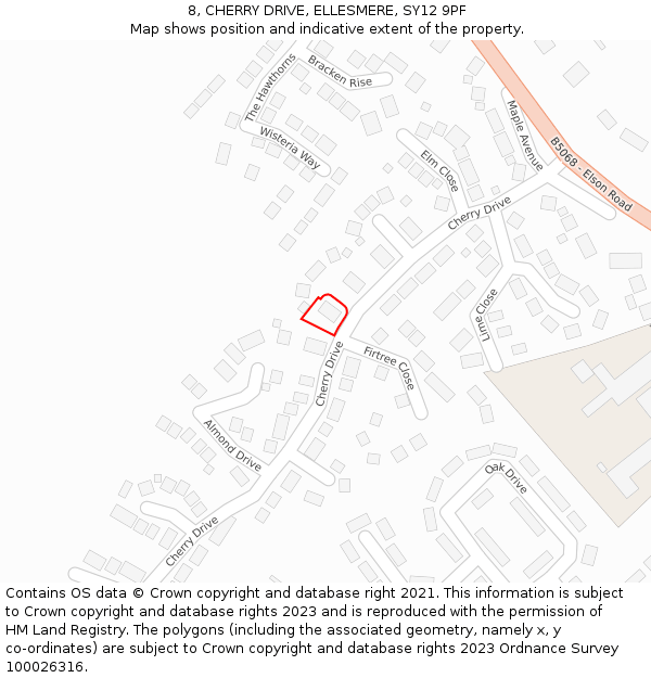 8, CHERRY DRIVE, ELLESMERE, SY12 9PF: Location map and indicative extent of plot