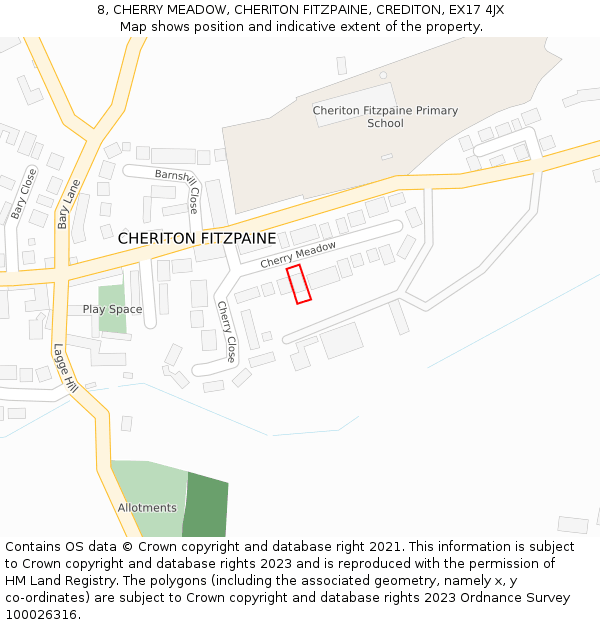 8, CHERRY MEADOW, CHERITON FITZPAINE, CREDITON, EX17 4JX: Location map and indicative extent of plot