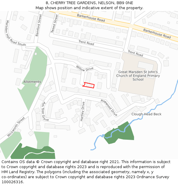 8, CHERRY TREE GARDENS, NELSON, BB9 0NE: Location map and indicative extent of plot