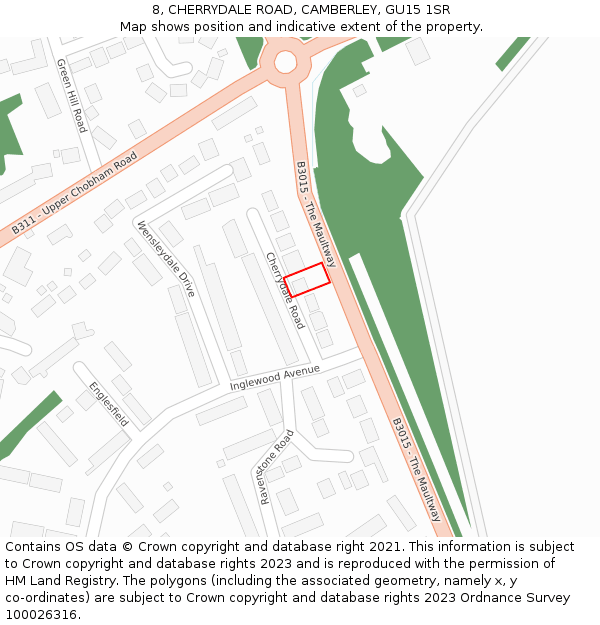 8, CHERRYDALE ROAD, CAMBERLEY, GU15 1SR: Location map and indicative extent of plot