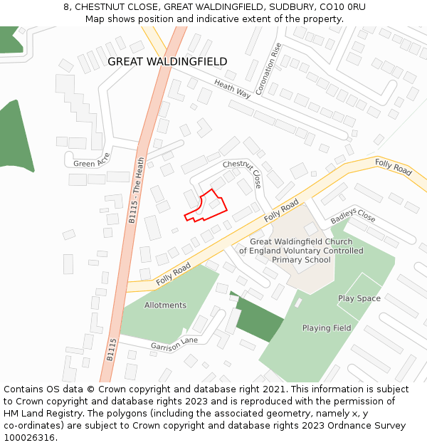 8, CHESTNUT CLOSE, GREAT WALDINGFIELD, SUDBURY, CO10 0RU: Location map and indicative extent of plot