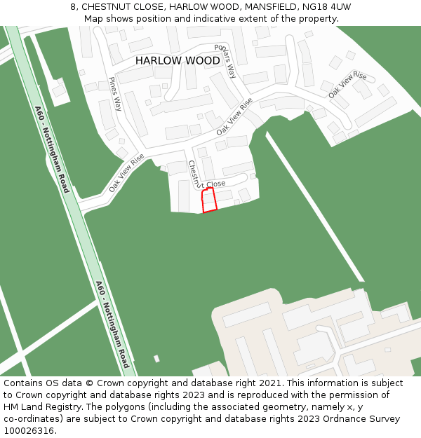 8, CHESTNUT CLOSE, HARLOW WOOD, MANSFIELD, NG18 4UW: Location map and indicative extent of plot