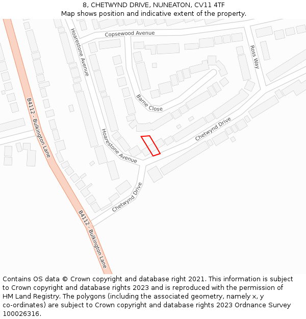 8, CHETWYND DRIVE, NUNEATON, CV11 4TF: Location map and indicative extent of plot