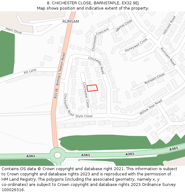 8, CHICHESTER CLOSE, BARNSTAPLE, EX32 9EJ: Location map and indicative extent of plot