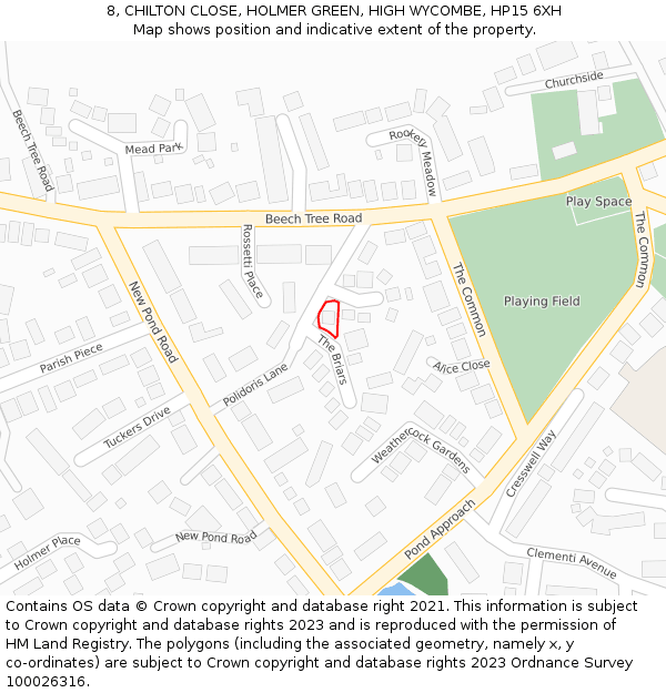 8, CHILTON CLOSE, HOLMER GREEN, HIGH WYCOMBE, HP15 6XH: Location map and indicative extent of plot