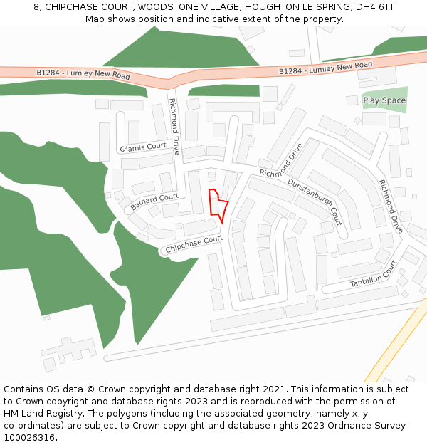 8, CHIPCHASE COURT, WOODSTONE VILLAGE, HOUGHTON LE SPRING, DH4 6TT: Location map and indicative extent of plot