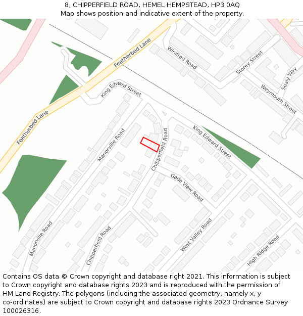 8, CHIPPERFIELD ROAD, HEMEL HEMPSTEAD, HP3 0AQ: Location map and indicative extent of plot