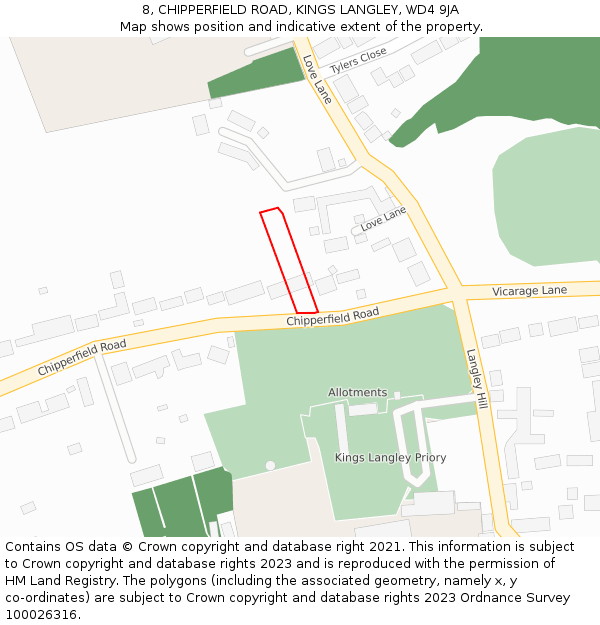 8, CHIPPERFIELD ROAD, KINGS LANGLEY, WD4 9JA: Location map and indicative extent of plot