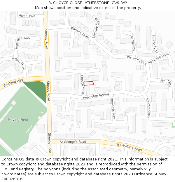 8, CHOYCE CLOSE, ATHERSTONE, CV9 3AY: Location map and indicative extent of plot