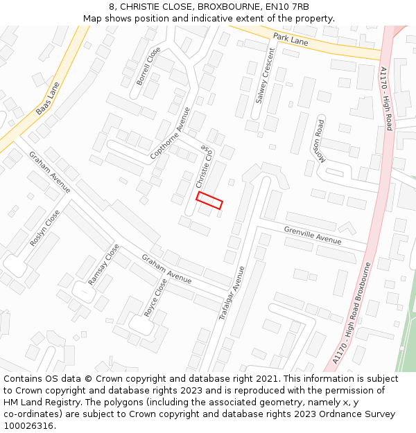 8, CHRISTIE CLOSE, BROXBOURNE, EN10 7RB: Location map and indicative extent of plot