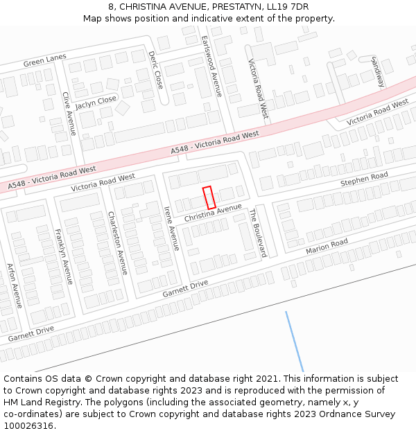 8, CHRISTINA AVENUE, PRESTATYN, LL19 7DR: Location map and indicative extent of plot