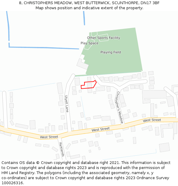 8, CHRISTOPHERS MEADOW, WEST BUTTERWICK, SCUNTHORPE, DN17 3BF: Location map and indicative extent of plot
