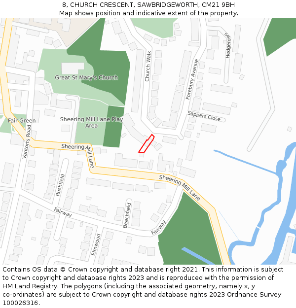 8, CHURCH CRESCENT, SAWBRIDGEWORTH, CM21 9BH: Location map and indicative extent of plot