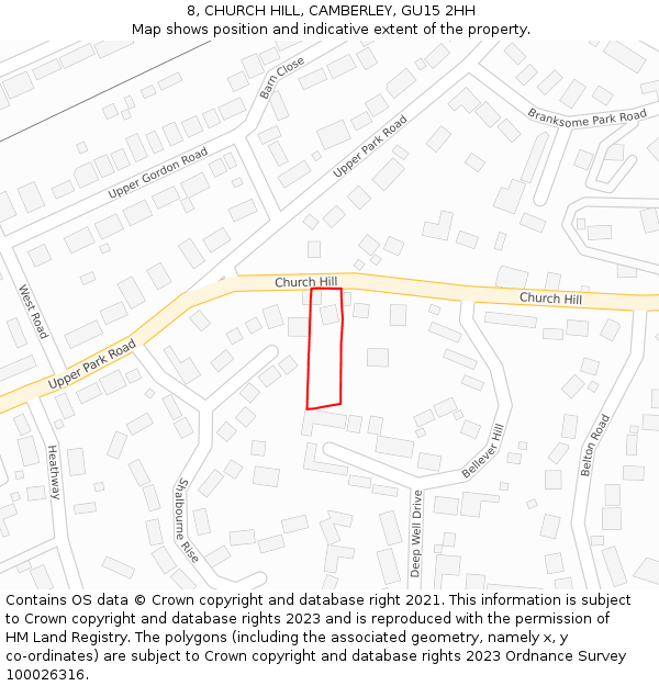 8, CHURCH HILL, CAMBERLEY, GU15 2HH: Location map and indicative extent of plot
