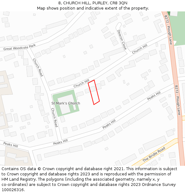 8, CHURCH HILL, PURLEY, CR8 3QN: Location map and indicative extent of plot