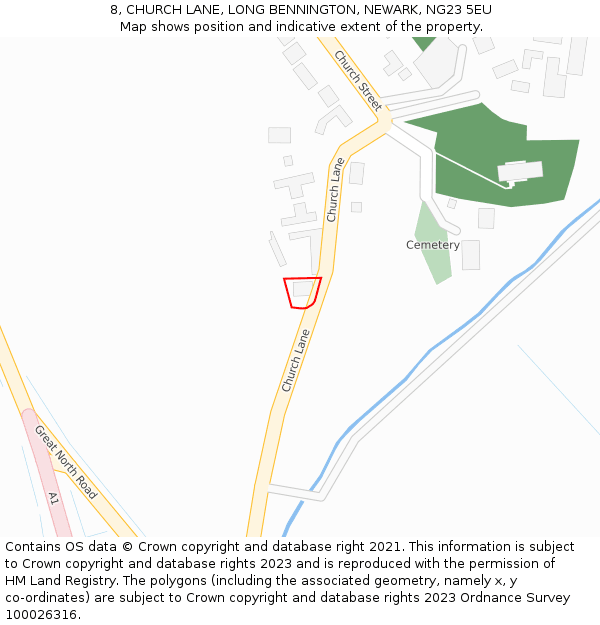 8, CHURCH LANE, LONG BENNINGTON, NEWARK, NG23 5EU: Location map and indicative extent of plot