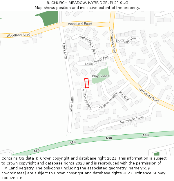 8, CHURCH MEADOW, IVYBRIDGE, PL21 9UG: Location map and indicative extent of plot