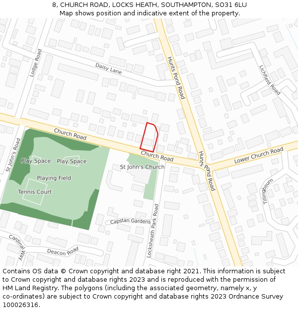 8, CHURCH ROAD, LOCKS HEATH, SOUTHAMPTON, SO31 6LU: Location map and indicative extent of plot