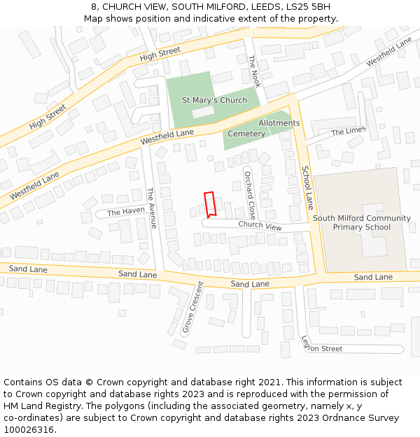 8, CHURCH VIEW, SOUTH MILFORD, LEEDS, LS25 5BH: Location map and indicative extent of plot