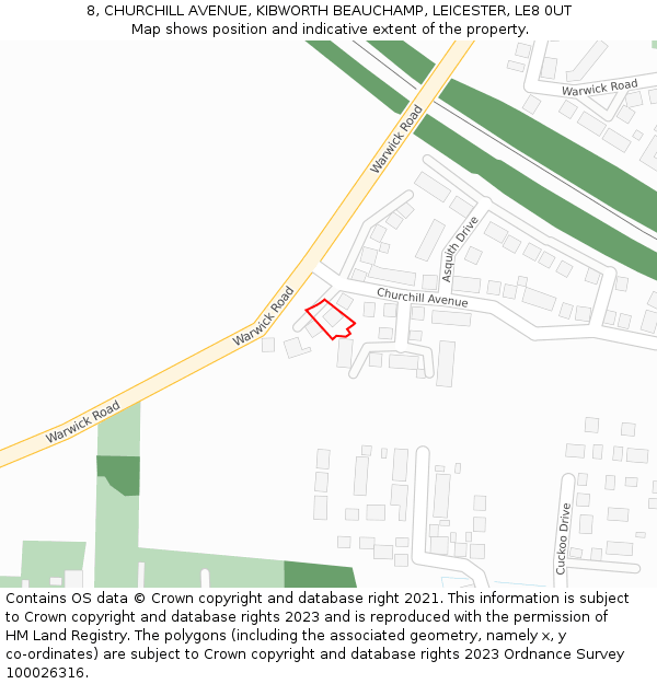 8, CHURCHILL AVENUE, KIBWORTH BEAUCHAMP, LEICESTER, LE8 0UT: Location map and indicative extent of plot