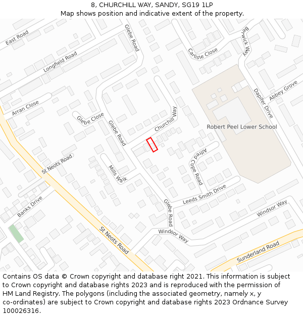 8, CHURCHILL WAY, SANDY, SG19 1LP: Location map and indicative extent of plot