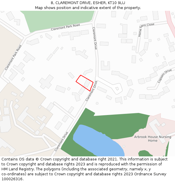 8, CLAREMONT DRIVE, ESHER, KT10 9LU: Location map and indicative extent of plot