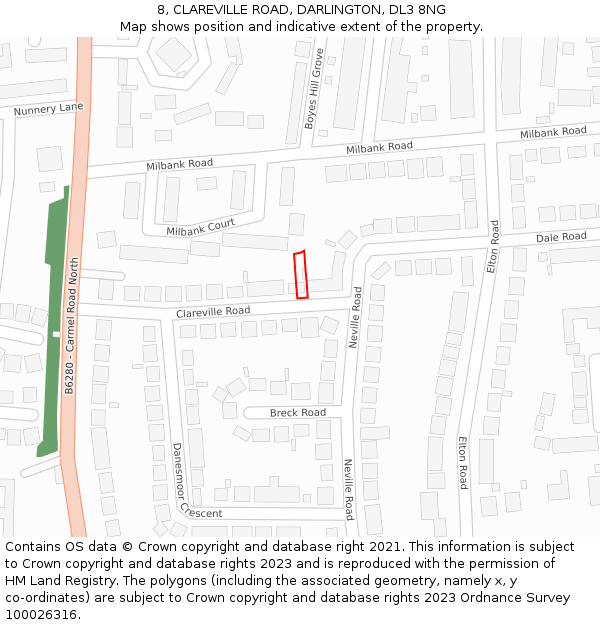 8, CLAREVILLE ROAD, DARLINGTON, DL3 8NG: Location map and indicative extent of plot