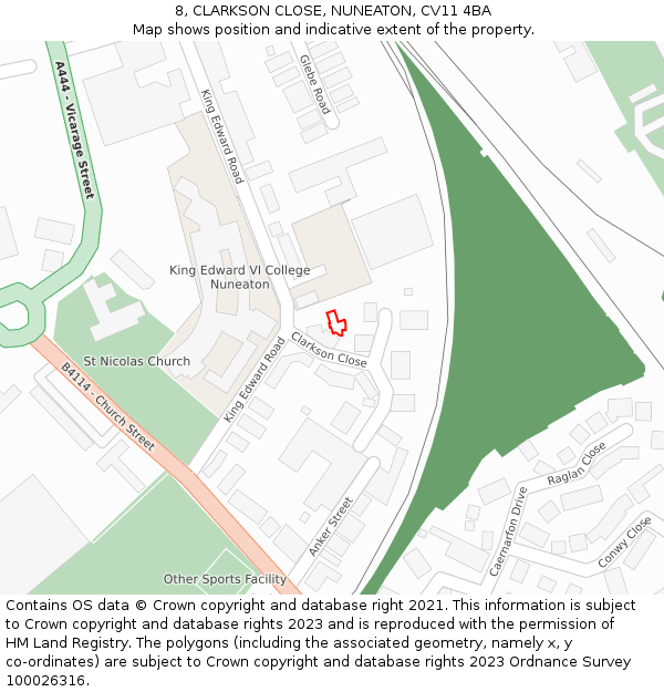 8, CLARKSON CLOSE, NUNEATON, CV11 4BA: Location map and indicative extent of plot