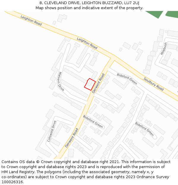 8, CLEVELAND DRIVE, LEIGHTON BUZZARD, LU7 2UJ: Location map and indicative extent of plot