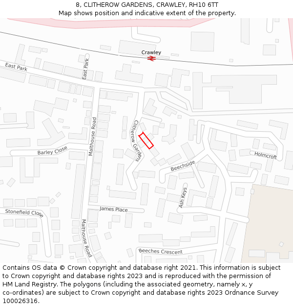 8, CLITHEROW GARDENS, CRAWLEY, RH10 6TT: Location map and indicative extent of plot