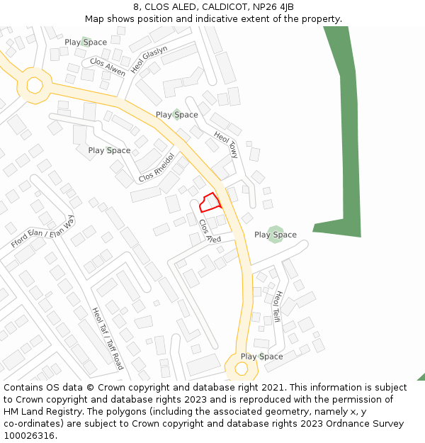 8, CLOS ALED, CALDICOT, NP26 4JB: Location map and indicative extent of plot