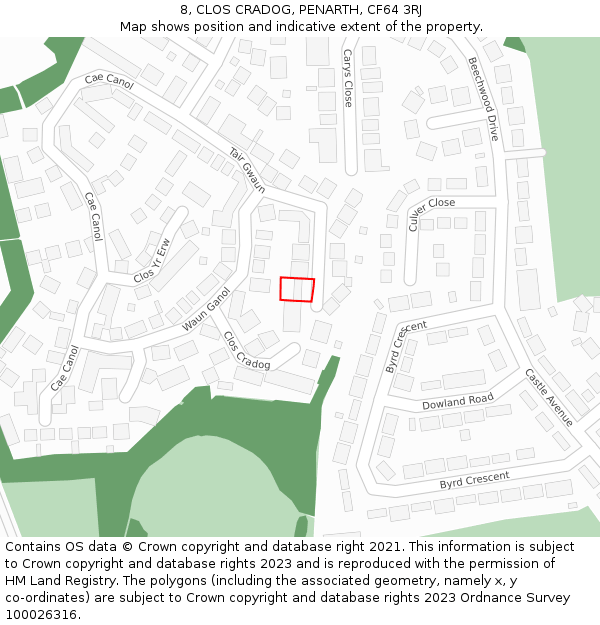 8, CLOS CRADOG, PENARTH, CF64 3RJ: Location map and indicative extent of plot