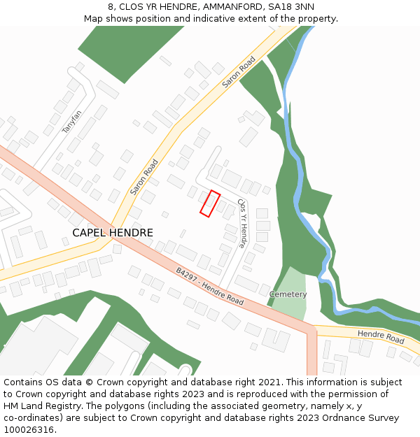 8, CLOS YR HENDRE, AMMANFORD, SA18 3NN: Location map and indicative extent of plot