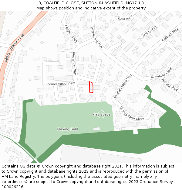 8, COALFIELD CLOSE, SUTTON-IN-ASHFIELD, NG17 1JR: Location map and indicative extent of plot
