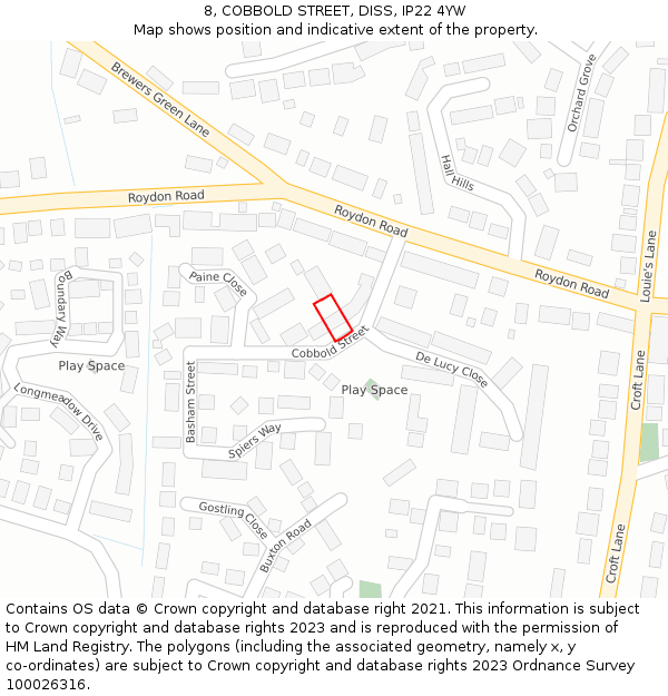 8, COBBOLD STREET, DISS, IP22 4YW: Location map and indicative extent of plot