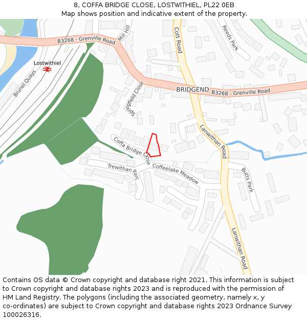 8, COFFA BRIDGE CLOSE, LOSTWITHIEL, PL22 0EB: Location map and indicative extent of plot