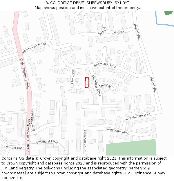 8, COLDRIDGE DRIVE, SHREWSBURY, SY1 3YT: Location map and indicative extent of plot