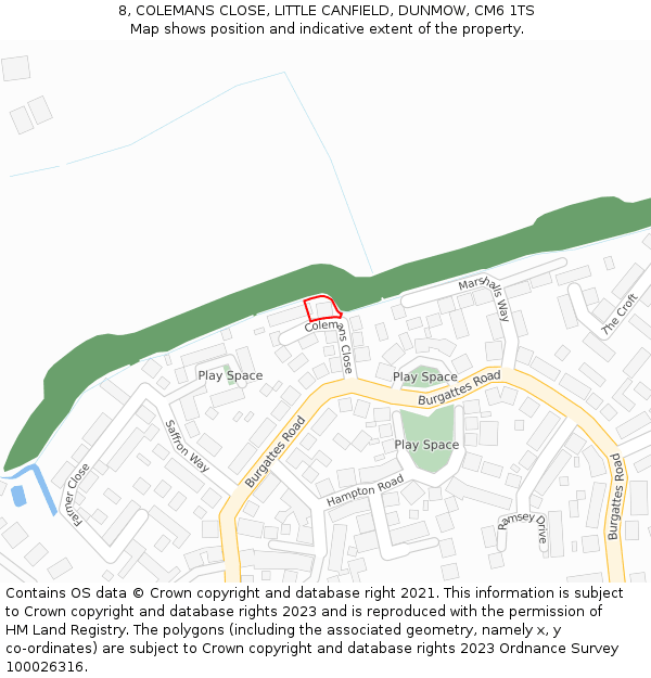 8, COLEMANS CLOSE, LITTLE CANFIELD, DUNMOW, CM6 1TS: Location map and indicative extent of plot