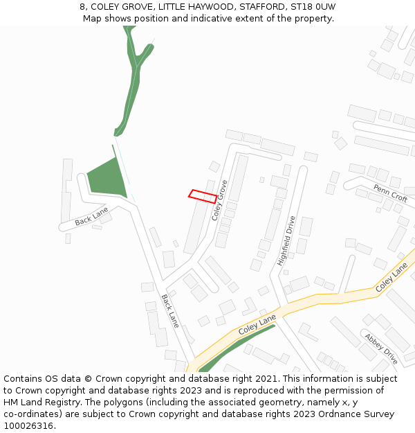 8, COLEY GROVE, LITTLE HAYWOOD, STAFFORD, ST18 0UW: Location map and indicative extent of plot