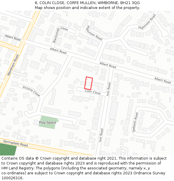 8, COLIN CLOSE, CORFE MULLEN, WIMBORNE, BH21 3QG: Location map and indicative extent of plot