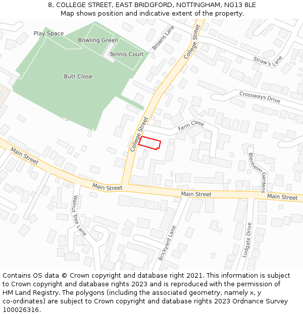 8, COLLEGE STREET, EAST BRIDGFORD, NOTTINGHAM, NG13 8LE: Location map and indicative extent of plot