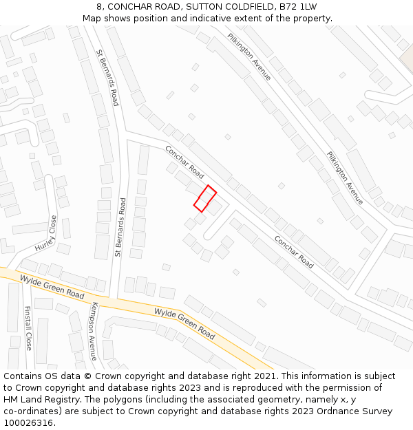 8, CONCHAR ROAD, SUTTON COLDFIELD, B72 1LW: Location map and indicative extent of plot
