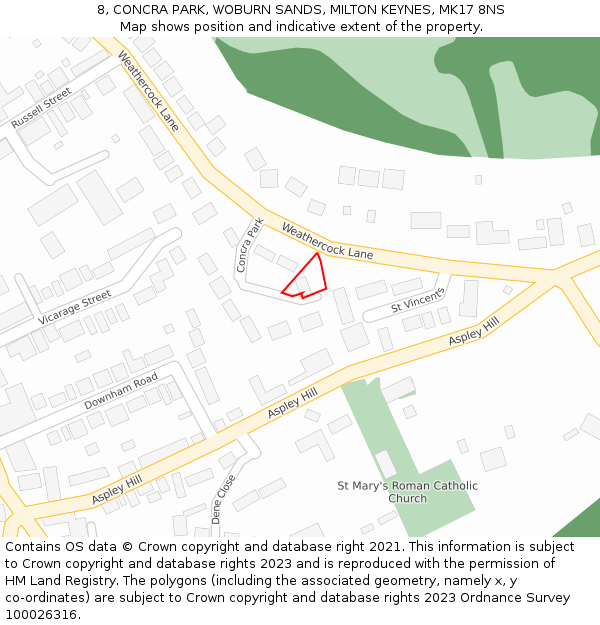 8, CONCRA PARK, WOBURN SANDS, MILTON KEYNES, MK17 8NS: Location map and indicative extent of plot