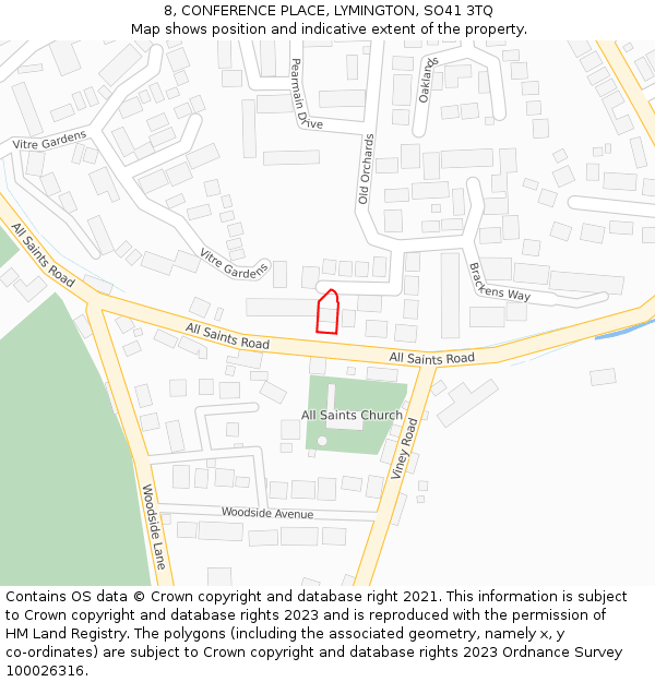 8, CONFERENCE PLACE, LYMINGTON, SO41 3TQ: Location map and indicative extent of plot