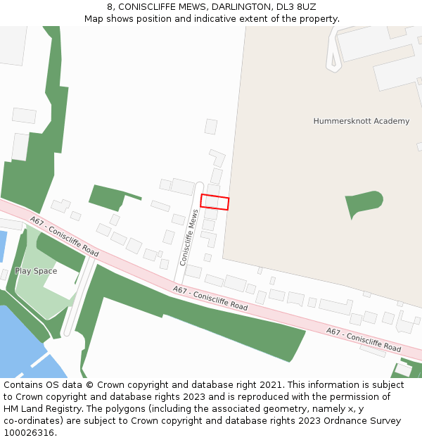 8, CONISCLIFFE MEWS, DARLINGTON, DL3 8UZ: Location map and indicative extent of plot